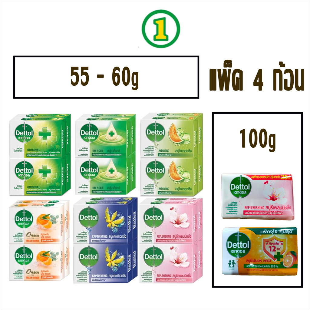 1 ก้อน Dettol เดทตอล สบู่ก้อนแอนตี้แบคทีเรีย ขนาด 60-65 กรัม