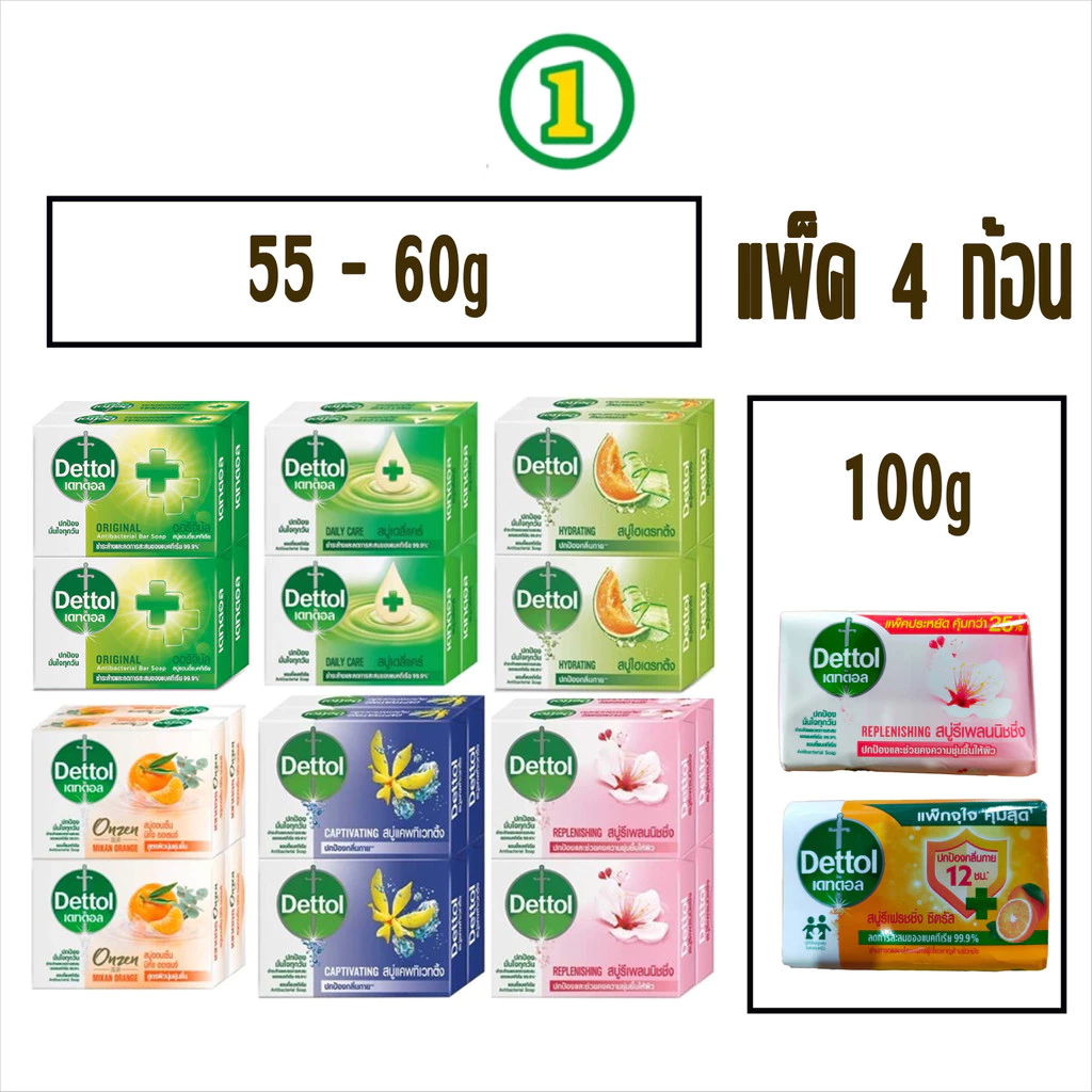 1 ก้อน Dettol เดทตอล สบู่ก้อนแอนตี้แบคทีเรีย ขนาด 60-65 กรัม