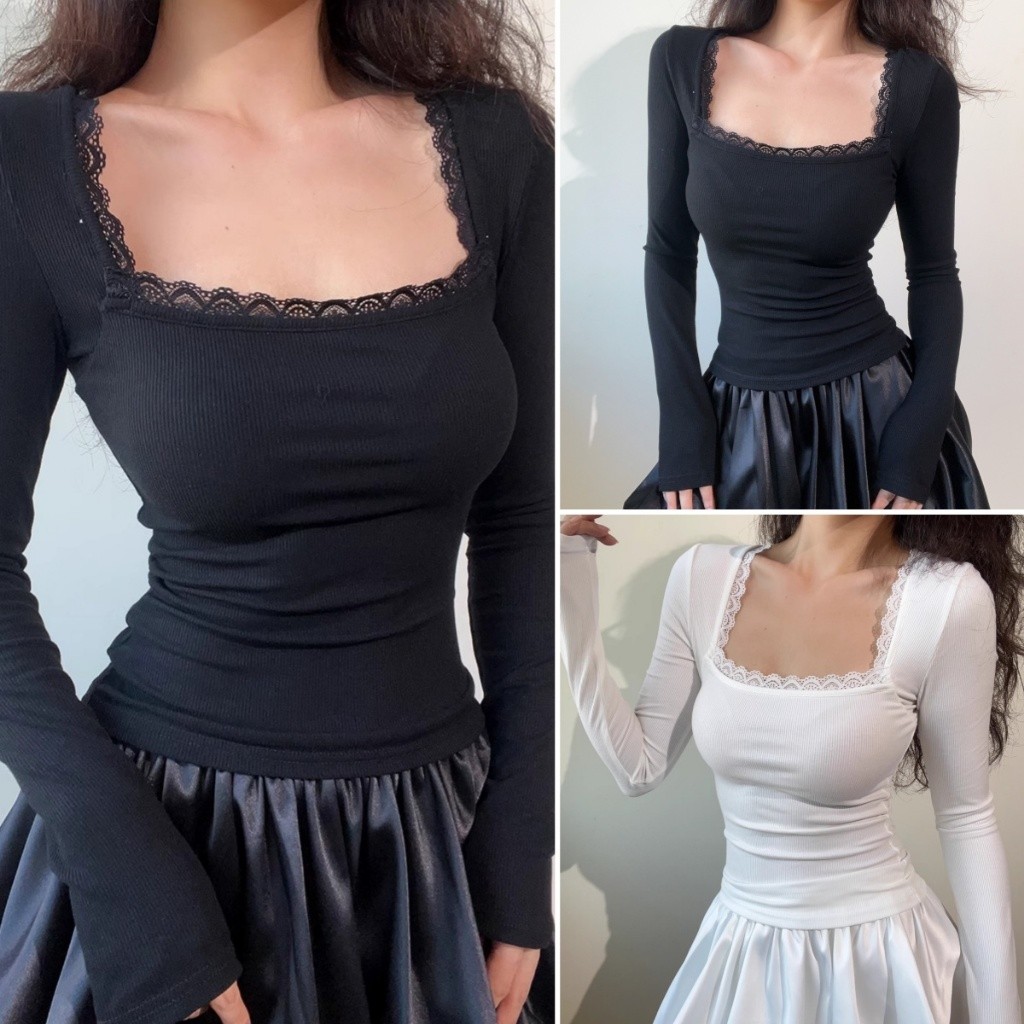 Hotgirl พร้อมส่ง เสื้อยืดแขนยาวผู้หญิง เสื้อยืดเข้ารูปทรงผู้หญิง ปลอกคอสี่เหลี่ยมแผงลูกไม้ ทรงสลิมฟิตหรูหราสไตล์ฝรั่งเศส