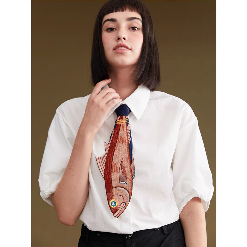 RORY原创设计 夏季 设计感不规则趣味鱼刺绣拼接领带配饰