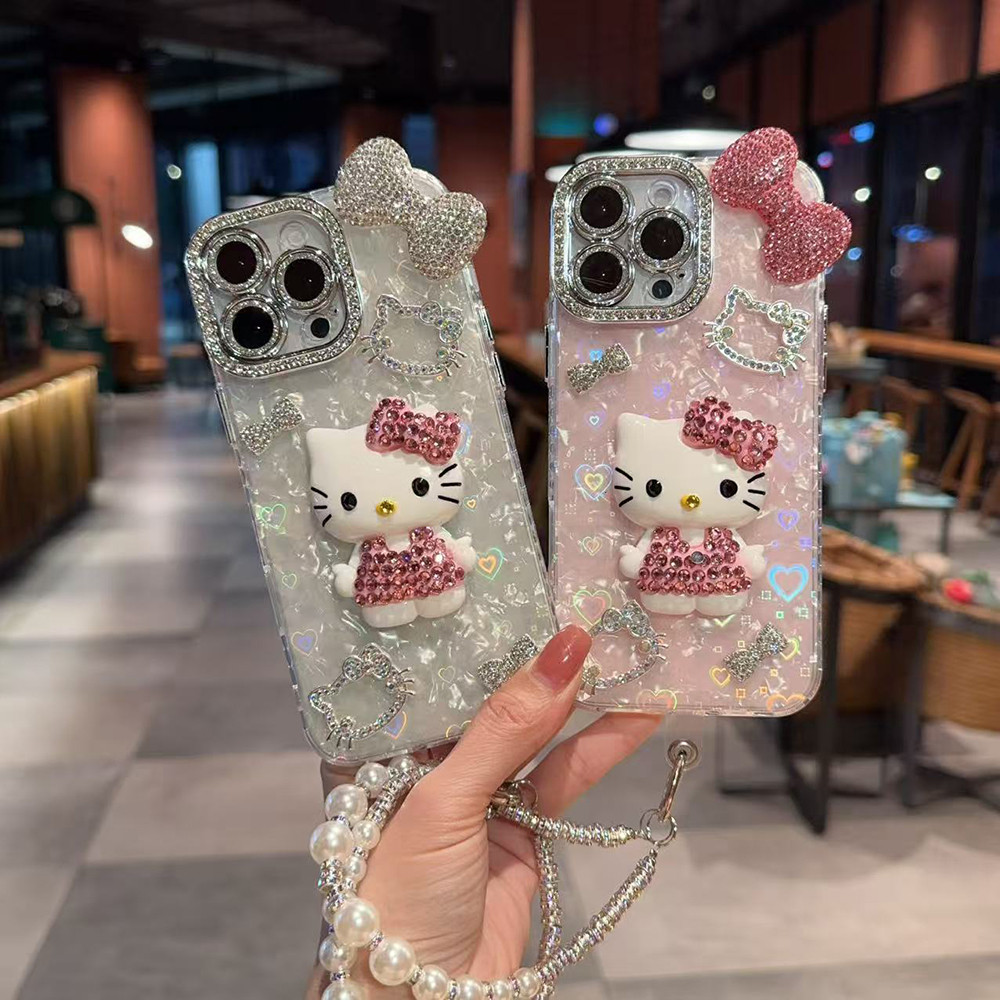 IMD รูปแบบเลเซอร์เคสโทรศัพท์สําหรับ iPhone 17 15 16 14 13 11 12 Pro Max แฟชั่น Kitty Cat Bow Diamonds ฝาครอบป้องกัน
