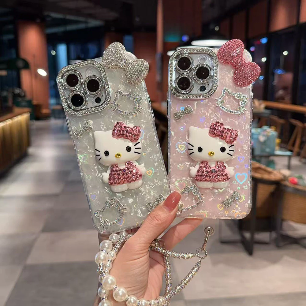 IMD รูปแบบเลเซอร์เคสโทรศัพท์สําหรับ iPhone 17 15 16 14 13 11 12 Pro Max แฟชั่น Kitty Cat Bow Diamonds ฝาครอบป้องกัน