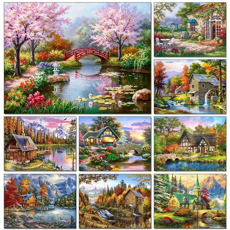 ภาพวาดทิวทัศน์ธรรมชาติกับบ้านและสวนเขตรักษาพันธุ์ สไตล์งานศิลปะผ้าใบ - ของขวัญสำหรับตกแต่งบ้าน หรือเป็นโปสเตอร์แสดงภาพ