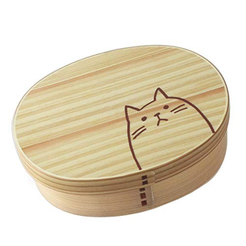 Fujishiro Magewappa Cat Bento Box Oval Shape Natural Urushi Finish