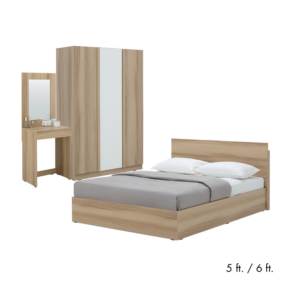 HomeHuk ชุดห้องนอน รุ่นจัสมิน (เตียง, ตู้เสื้อผ้า 3 บาน, โต๊ะเครื่องแป้ง) - สีธรรมชาติ/ขาว