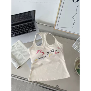 Vogue🌟พร้อมส่ง🌟เสื้อสายเดี่ยว สีพาสเทล ดีเทลสกีนตัวอักษรน่ารักมาก เสริมฟองน้ำ (FY2601)