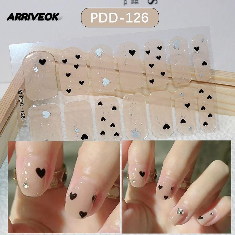 ARRIVEOK สติ๊กเกอร์ติดเล็บเจล, Floristic Semi Cured Nail Patch, กันน้ํา 14Strips Full Cover Nail Art