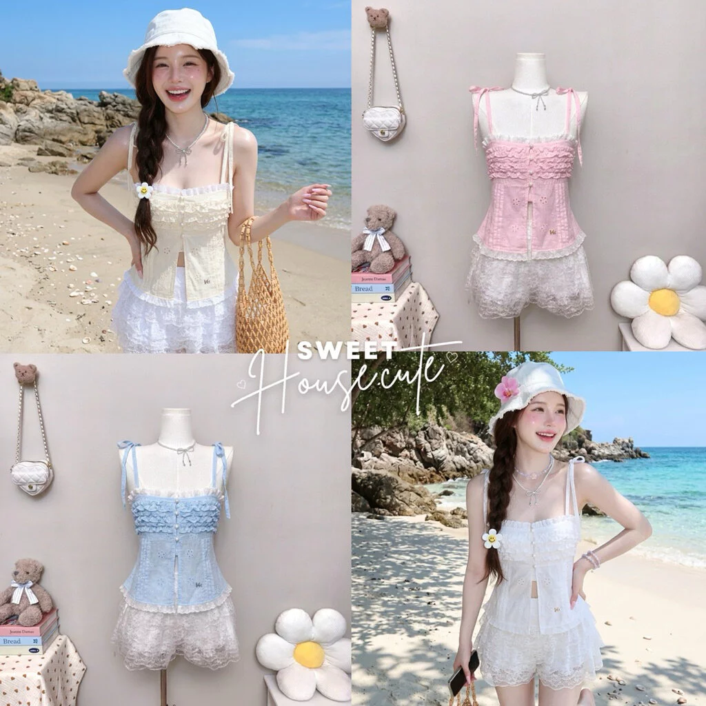 🧸 SweetHouse #723 🌻 เสื้อสายเดี่ยวผูกบ่าผ้าฉลุลายดอกไม้แต่งด้วยกระดุมมุกน่ารักมากก + กางเกงลูกไม้ระบาย 4 ชั้น