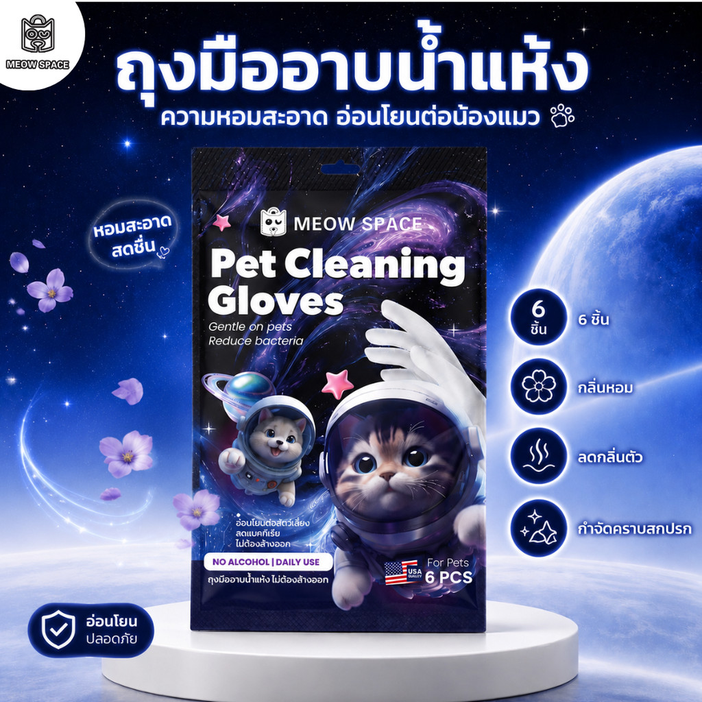 MEOW SPACE ถุงมืออาบน้ำแห้งสัตว์เลี้ยง 6 แผ่น ถุงมืออาบน้ำแห้ง มีกลิ่นหอม เช็ดทำความสะอาดตัวสัตว์เลี้ยง