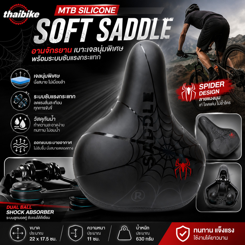 อานจักรยาน MTB Silicone Soft Saddle ลายแมงมุม เบาะเจลนุ่มพิเศษ พร้อมระบบซับแรงกระแทก