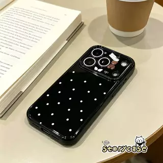 สำหรับ OPPO A58 A60 A3x A57 A38 A17 A15 A16 A16s A54s A74 A53 Reno4F เคสดำลายจุดขาว ลายหมีและโบว์ สไตล์หวานน่ารัก