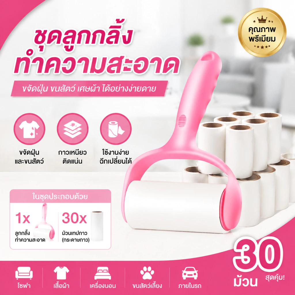 [1 ด้าม + รีฟิล30ม้วน]ลูกกลิ้งกำจัดขน เก็บขนและฝุ่น ลูกกลิ้งทำความสะอาด สีชมพู ขจัดขนแมวและขนสุนัข