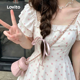 (New Arrival) Lovito ชุดเดรสลําลองสําหรับผู้หญิง มีซิปและระบาย ลายดอกแอปริคอต เหมาะสําหรับฤดูใบไม้ผลิและฤดูร้อน เกาหลี อินเทรนด์ L197AD120