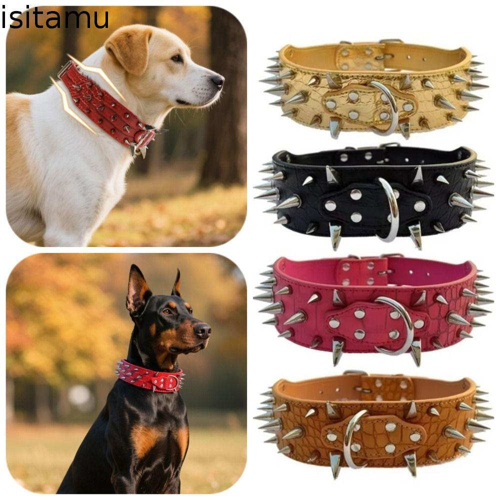 ISITAFT Spiked ปลอกคอสุนัข, Anti-bite ปรับ PU หนังสัตว์เลี้ยงสร้อยคอ,ทนทาน Sharp ตกแต่ง Anti-Chew Rivets ปลอกคอสัตว์เลี้ยงอุปกรณ์สัตว์เลี้ยง