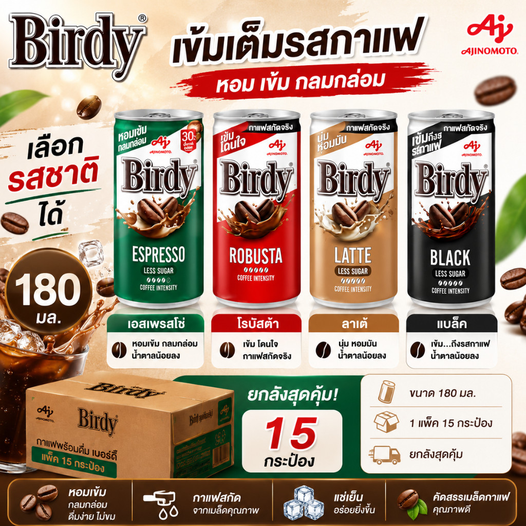 (NO LIVE) กาแฟเบอร์ดี้-กาแฟเนส ครบหลากหลาย ปริมาณ 180 มล แพ็ค 15กระป๋อง