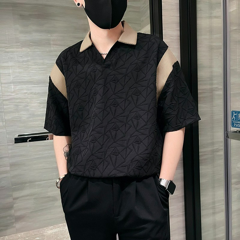 Trail Echo เสื้อโปโลแขนสั้นผู้ชาย V คอแฟชั่นหลวมด้านบน