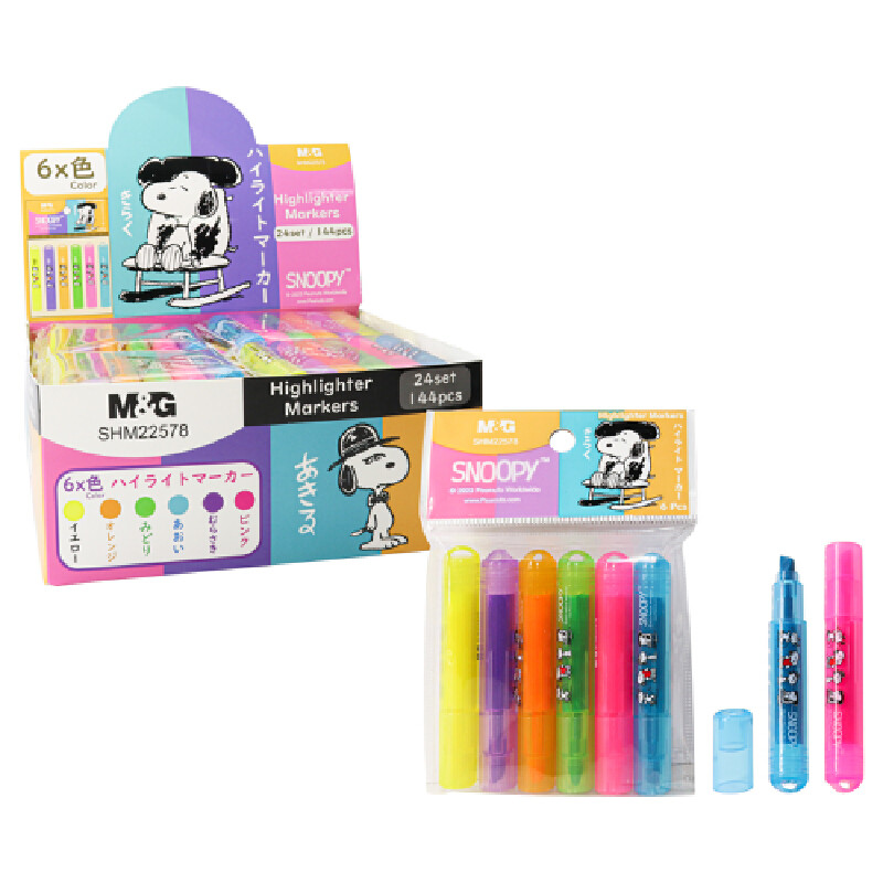 M&G ปากกาเน้นข้อความ หัวตัด หมึกคละสี ลาย Snoopy รุ่น SHM22578 (แพ็ค 6 ด้าม)