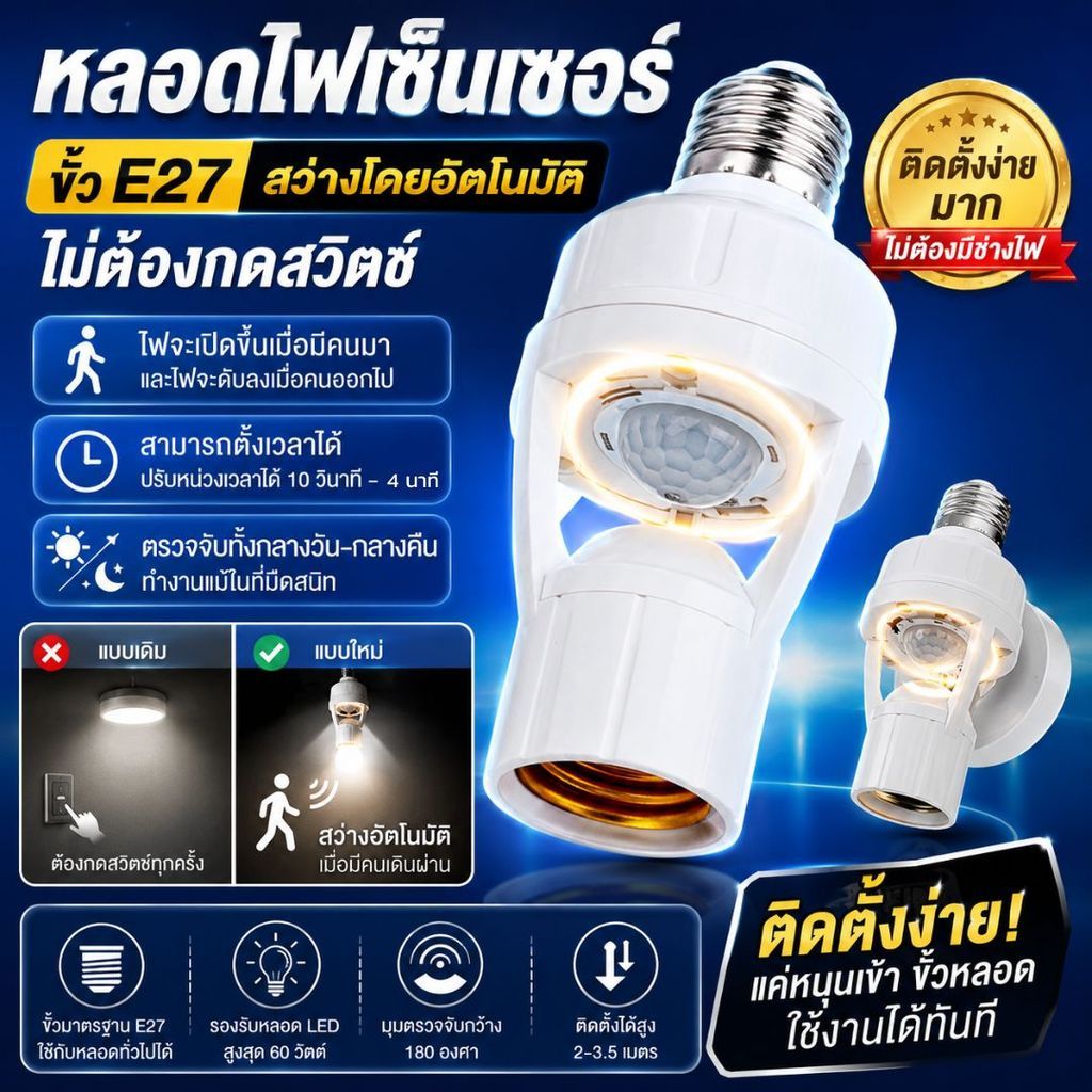 ขั้วหลอดไฟอัจฉริยะ ขั้วE27 ไฟเซ็นเซอร์ ตรวจจับความเคลื่อนไหวของมนุษย์ รอบทิศทาง 360 องศา