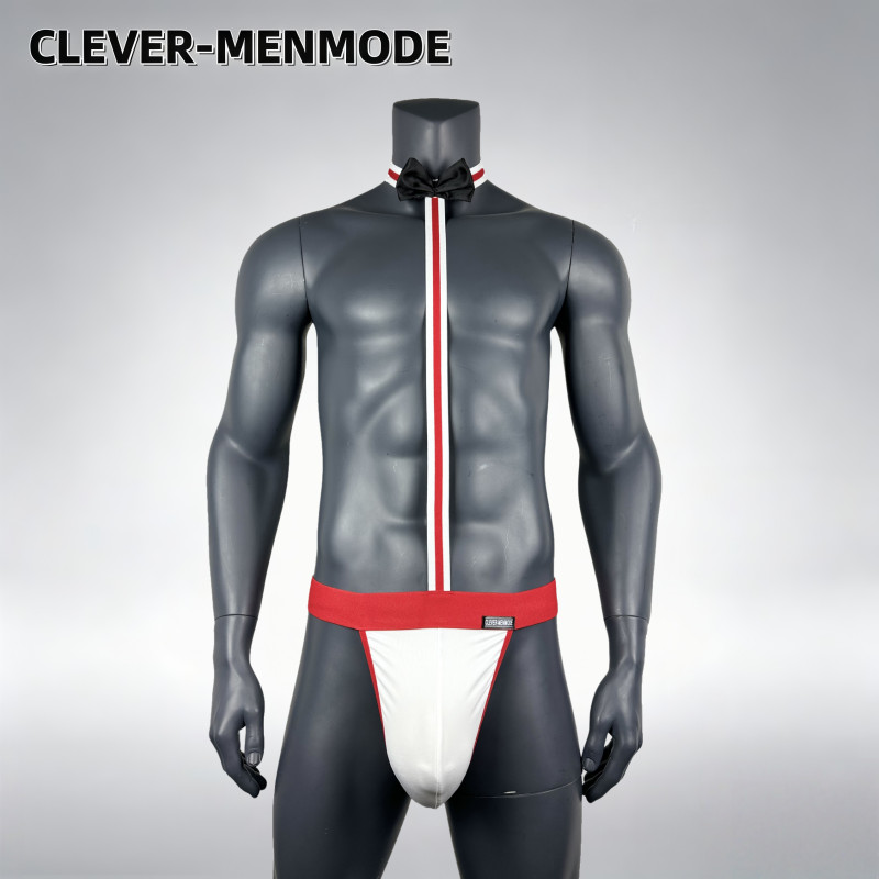 CLEVER-MENMODE ชุดบอดี้สูทชุดชั้นในชิ้นเดียวรัดรูปสําหรับผู้ชายพร้อมผูกโบว์ปาร์ตี้รวบรวมเครื่องแต่งกายหนึ่งขนาด