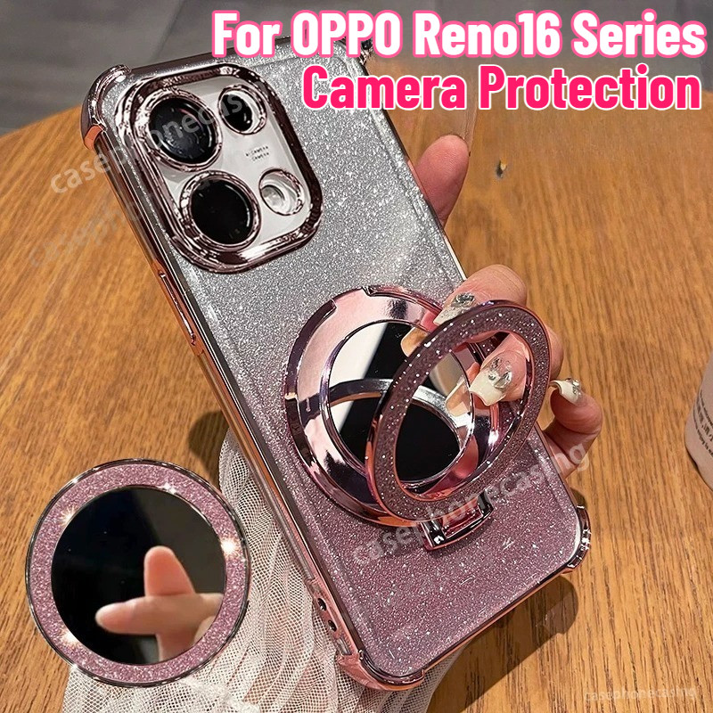 เคสโทรศัพท์สําหรับOppo Reno 16 15 Pro 16F 15F Reno16 F Reno16F Reno16Pro 5G 4G 2026 ปลอกGlitterกระจกขาตั้งแม่เหล็กGlitterชุบซิลิโคนกันกระแทกเลนส์ป้องกันปกหลัง