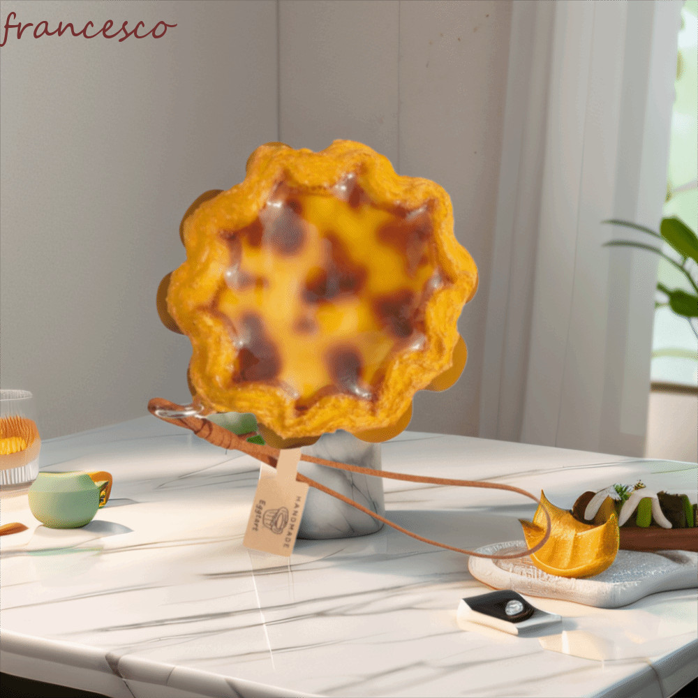 FRANCESCO พวงกุญแจโมเดลทาร์ตไข่, พวงกุญแจทาร์ตไข่อาหารจําลองดอกทานตะวัน, เครื่องประดับเล็กสไตล์สร้างสรรค์สไตล์ฝรั่งเศสจี้ทาร์ตไข่ตกแต่งรถ