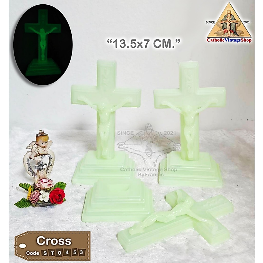 รูปปั้นไม้กางเขน เรืองแสง ตั้งโต๊ะ พระเยซู luminous Catholic Cross Figurine religion#ST0453
