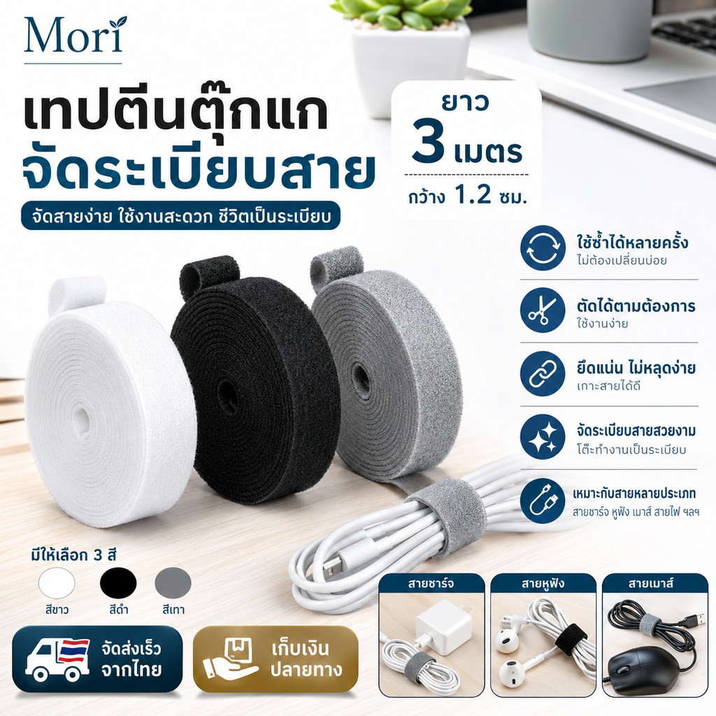 Mori เทปตีนตุ๊กแกจัดระเบียบสายไฟ เคเบิ้ลไทร์รัดสาย ยาว 3 เมตร ตัดได้ ใช้ซ้ำได้ 3 สี จัดสายคอมพิวเตอร์ สายชาร์จ พร้อมส่งจ