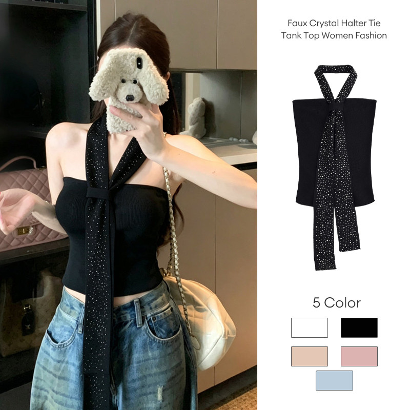 เสื้อกล้ามผูกคอประดับคริสตัลเทียมสำหรับผู้หญิง แฟชั่นแขนกุด เสื้อถักแบบสองทาง JD