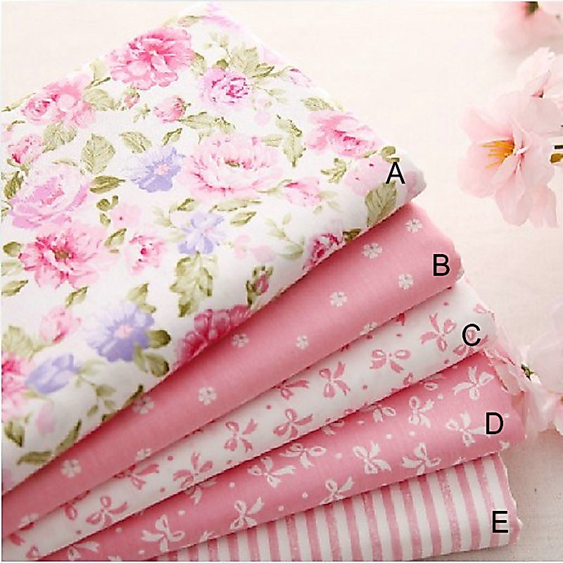 ผ้าฝ้าย100% สิ่งทอลายทแยง สีชมพู โบว์ ลายทาง ดีไซน์ดอกไม้