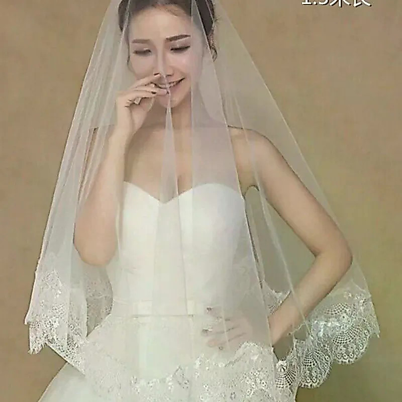 ผ้าคลุมหน้าเจ้าสาวดีไซน์ขอบลูกไม้ชั้นเดียว ไม่มีหวี