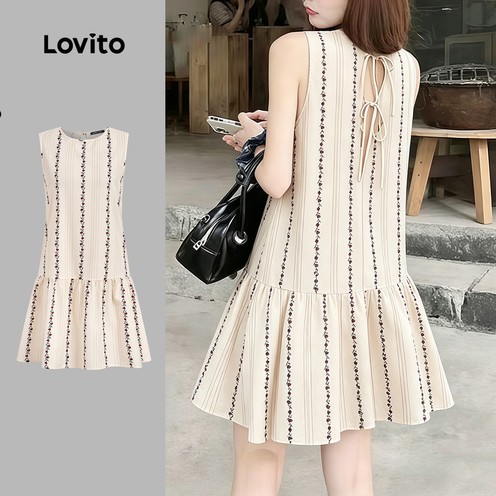 Lovito เดรสลําลองผูกหลังชายกระโปรงระบายสําหรับฤดูร้อนของผู้หญิง L189ED020