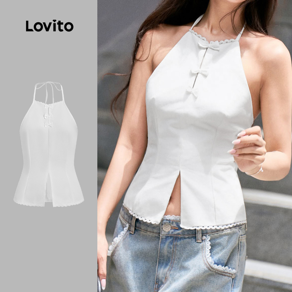 Lovito เสื้อลำลองเซ็กซี่ คอผูกโบว์ด้านหน้า เปิดไหล่ สีขาวครีม สำหรับผู้หญิง เหมาะสำหรับใส่ทำงาน ออกงาน เดินทาง ผูกโบว์ด้านหน้า ผ่าข้าง เปิดไหล่ ฤดูใบไม้ผลิ/ฤดูร้อน LK3AD180