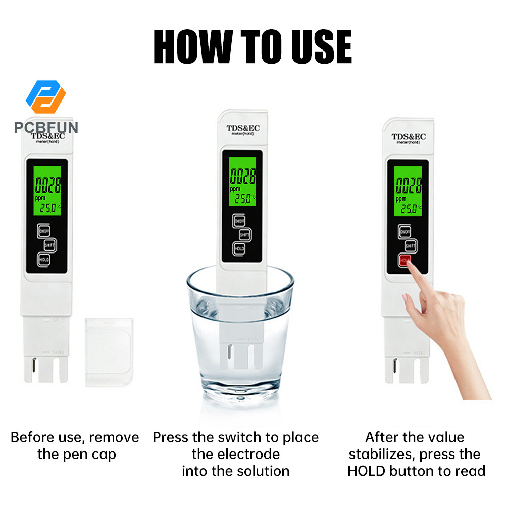 Pcbfun A9 LCD Digital 3-in-1 แบบพกพามัลติฟังก์ชั่นเครื่องทดสอบคุณภาพน้ําจอแสดงผล 4 สี 0–60°ค (32–140