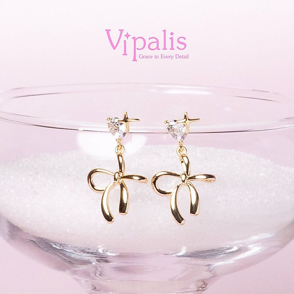 Vipalis Bow Star Heart Earrings – ต่างหูโบว์ทองประดับเพชรหัวใจ post Silver 925
