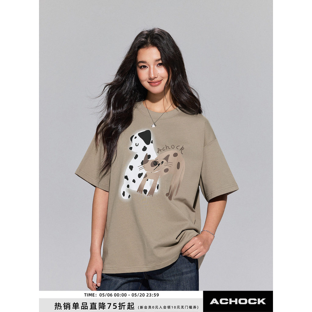 [Achock Official Store] Childlike Pet Cat Dog Print Short Sleeve Loose Casual Round Neck Sweet Cool 