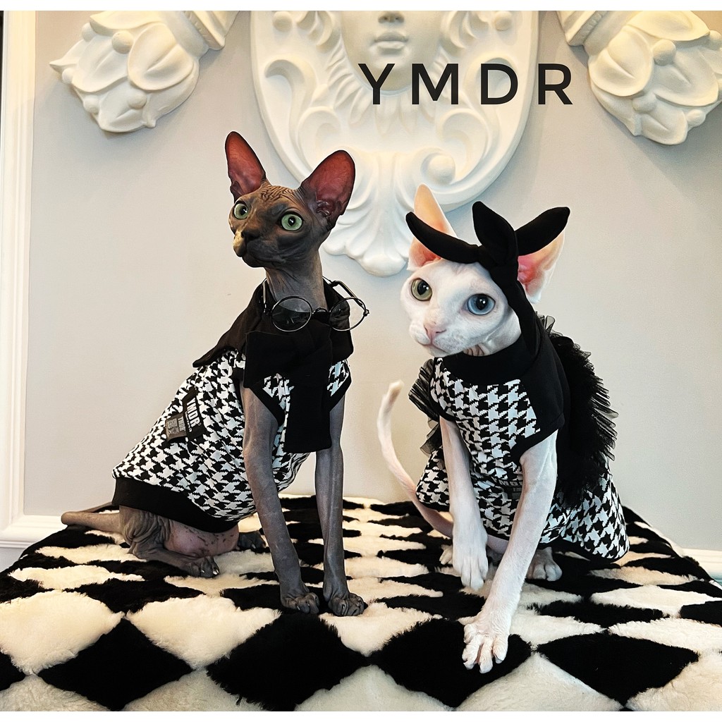 YMDR Sphinx Hairless Cat เยอรมันสีดําสีขาว Houndstooth Preppy สไตล์แฟชั่นดารากระโปรง Cool เสื้อกั๊กห