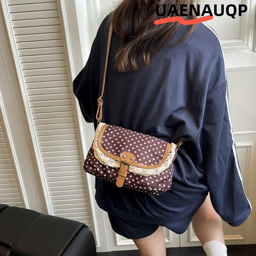 UAENAUQP กระเป๋าสะพายไหล่เดียว, Polka Dot Vintage Crossboby Bag, Casual Lace Trim กระเป๋าผ้าแคนวาสสําหรับผู้หญิง