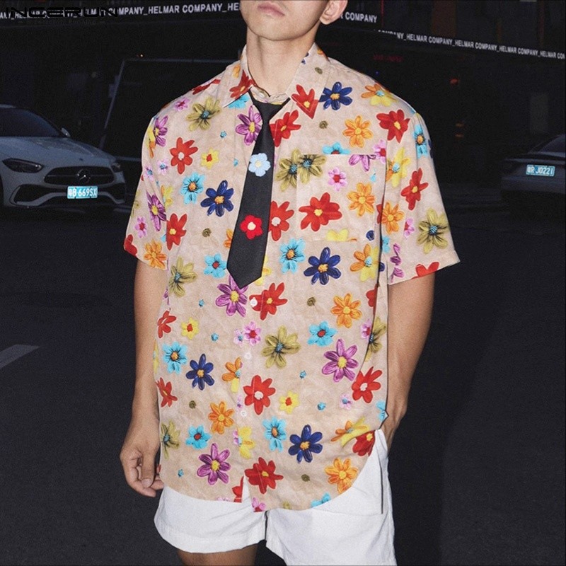 เสื้อแขนสั้นสำหรับผู้ชาย สไตล์เกาหลี กระดุมพลิกซ้าย ลายพิมพ์ดอกไม้