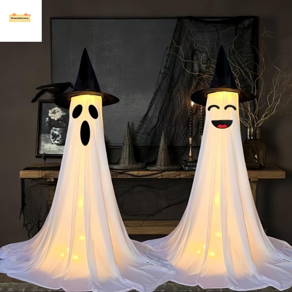 FITNESSFACTORY ยืน Ghost Light, พร้อมหมวกแม่มดสีขาวฮาโลวีน Yard Ghost เครื่องประดับ, ตลก Stable ฐาน 