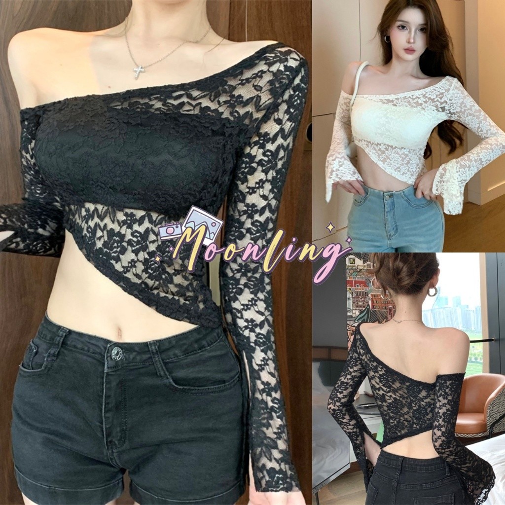 🌜Moonling🌛พร้อมส่งจากไทย เสื้อเปิดไหล่แขนยาว น่ารักมาก ดีเทลถักลายลูกไม้ สีพื้นใส่สบายมาก สไตล์เกาหลี FY3091 - รูปที่ 7