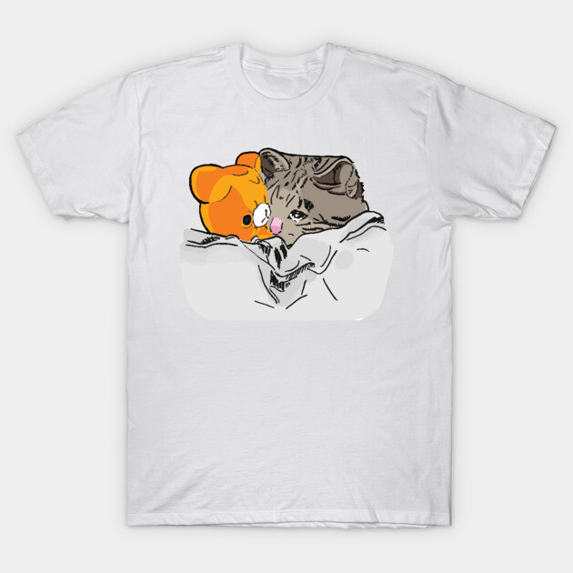 เสื้อยืด Vintage Sad Kitten Cat Crying bed with Teddy Meme T-Shirt แท้ Cotton 100% y2k ผ้าหนาทรงสวย
