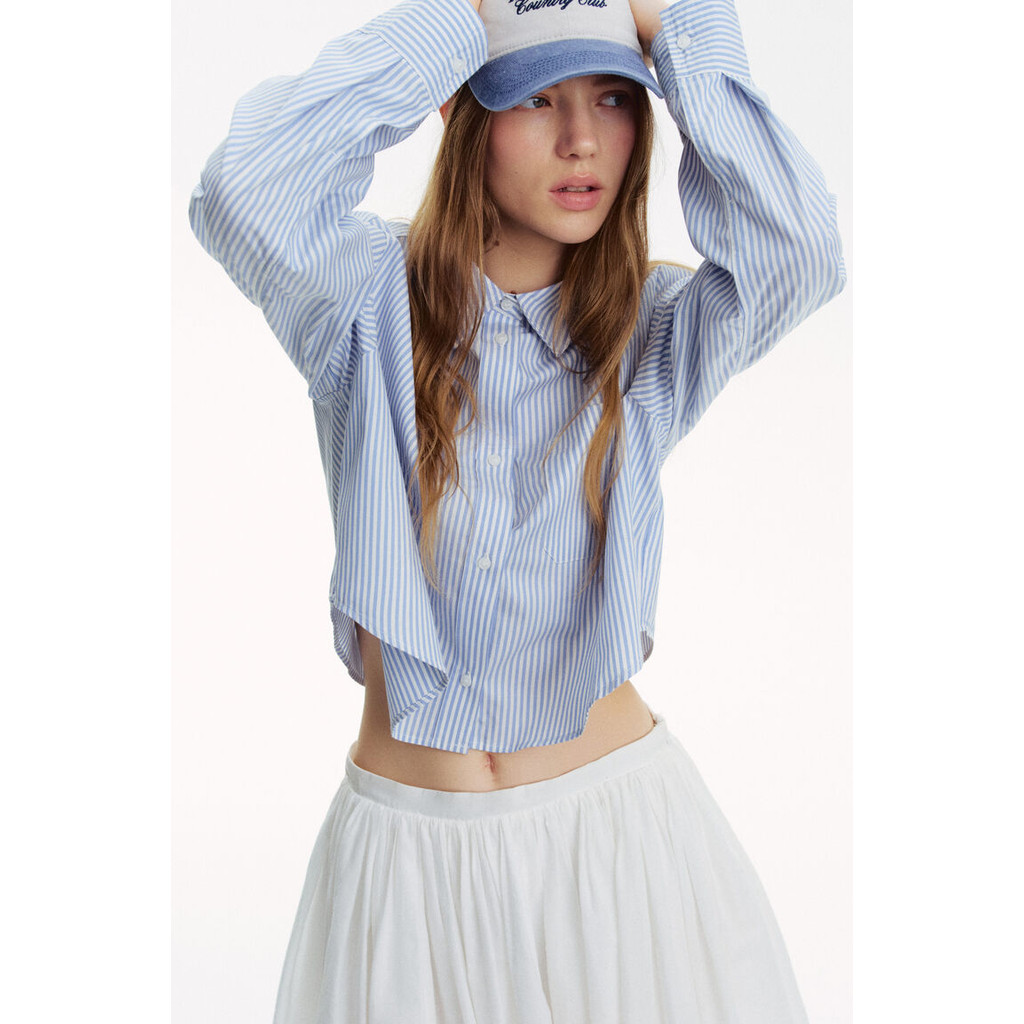 H&M(เอชแอนด์เอ็ม) เสื้อเชิ้ตคอปกผ้าฝ้ายครอป ผู้หญิง 1294431_1