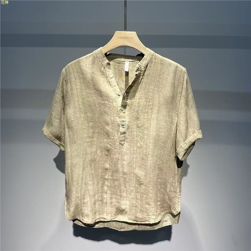 2025 ฤดูร้อนผ้าไหมน้ําแข็ง High-End ผ้าลินินแขนสั้นเสื้อผู้ชายหลวม V คอใหม่จีน Retro Breathable เสื้