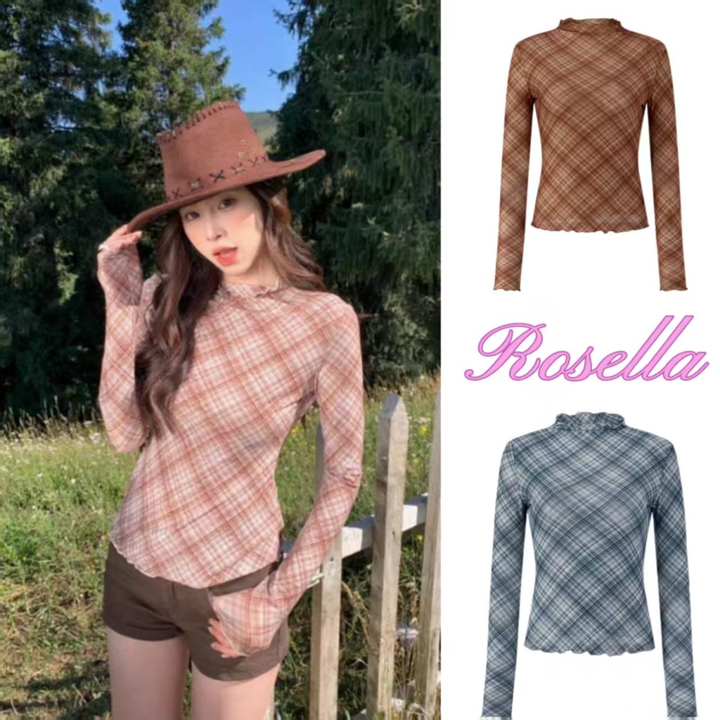 Rosella【สินค้าใหม่👗】เสื้อยืดแฟชั่นคอปกสูงครึ่งตัวลายสก็อตระบาย ทรงเข้ารูปเซ็กซี่