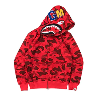 แจ็คเก็ต shark print hoodie Bape สำหรับทั้งผู้ชายและผู้หญิง ดีไซน์ซิปหน้า แฟชั่น streetwear