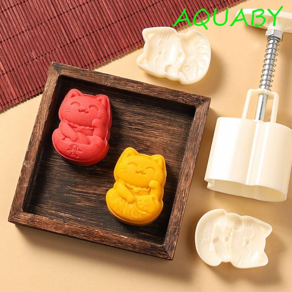 AQUABY 2 ชิ้น/เซ็ต Lucky Cat Shape Mooncake Mold, Hand-Press 3D Cookie Mold, Baking Tool พลาสติก DIY