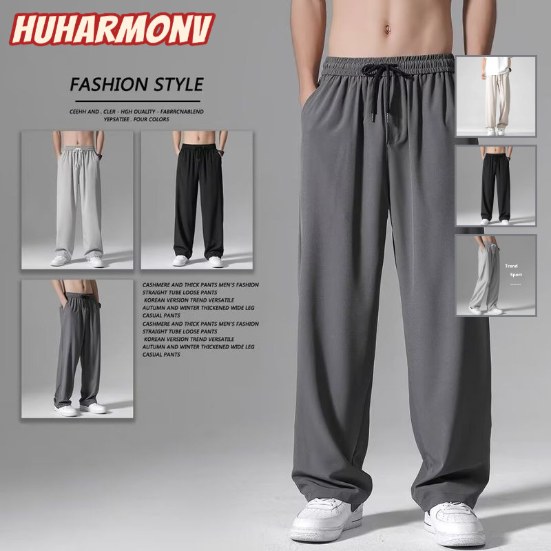 Ocshean ผู้ชายฤดูร้อน Cool Sensation กางเกงขากว้างหลวมพร้อมเอวมีเชือกรูด