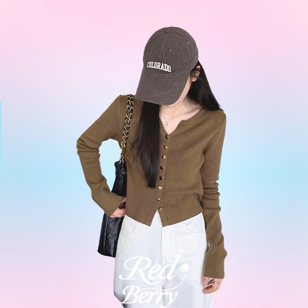 Red Berryเสื้อคาร์ดิแกนถักสีแดงสำหรับผู้หญิง ฤดูใบไม้ร่วง/ฤดูหนาว เสื้อคลุมไหมพรมลายทาง88049