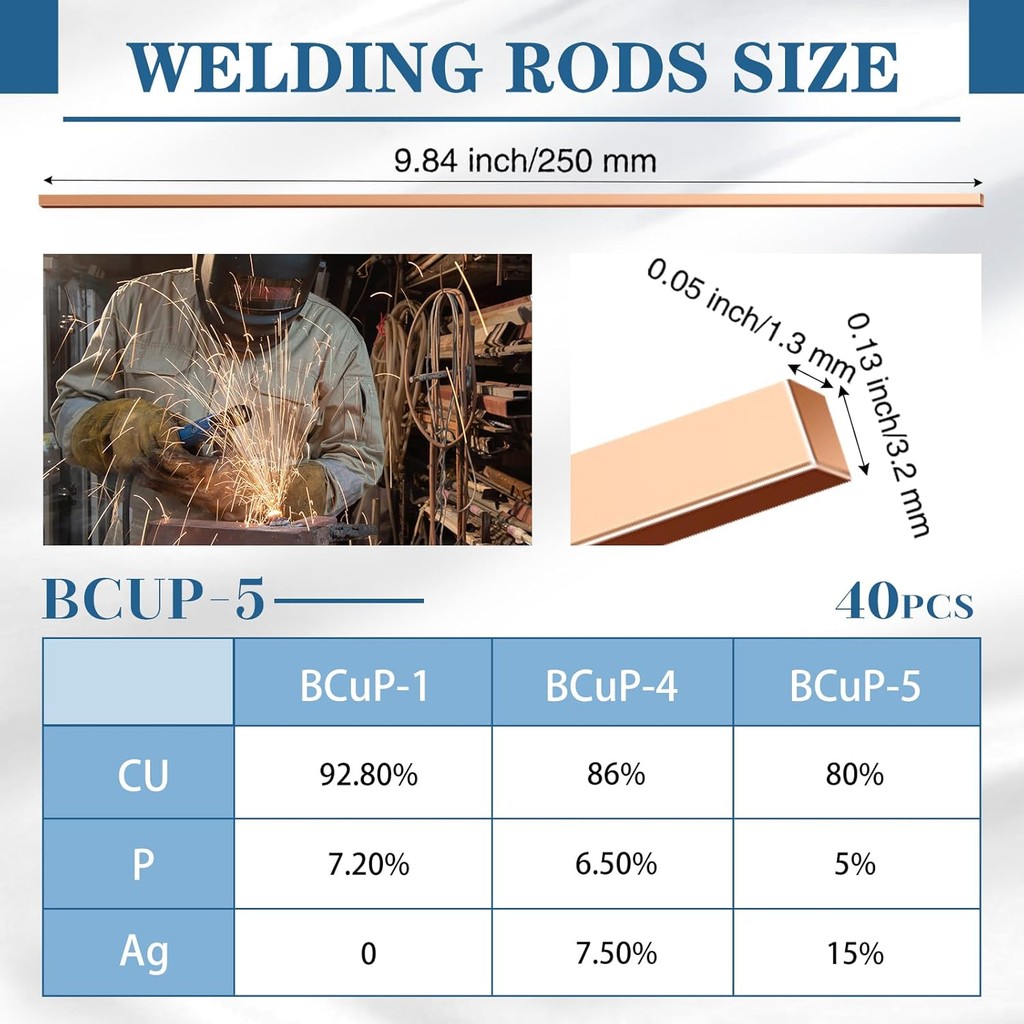 Tandefio 40 Sticks Brazing Rods AWS BCup-5 15% Silver Solder Phos ทองแดง Brazing โลหะผสมแบนเชื่อม Ro