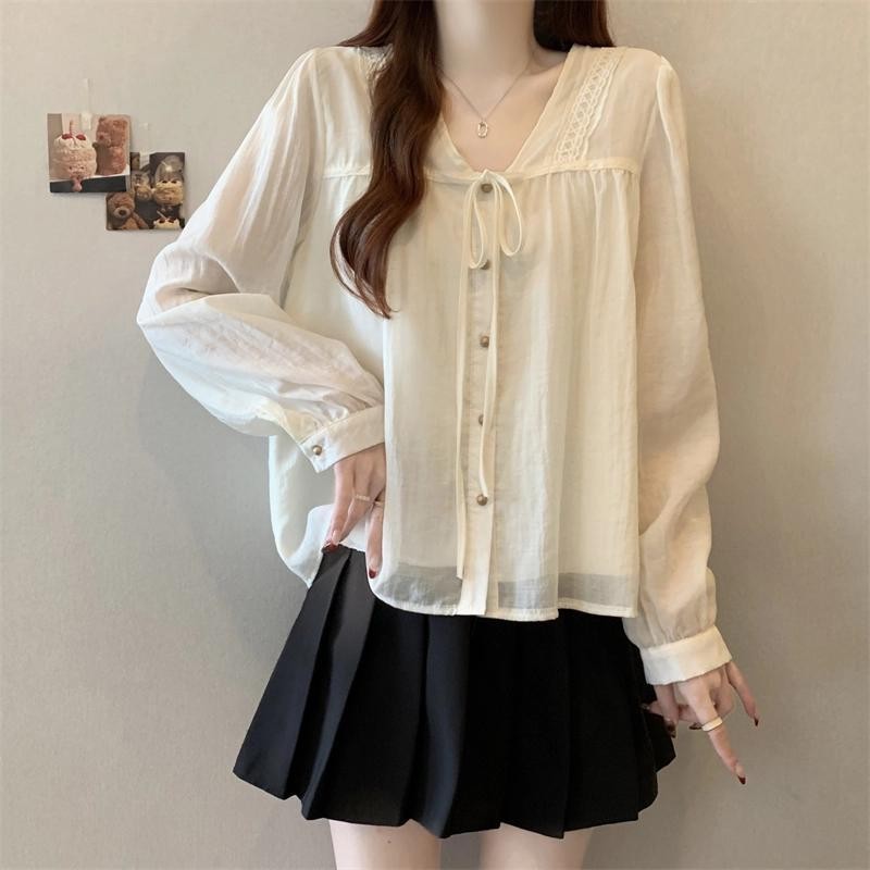 เสื้อเชิ้ตแขนยาวคอปก MmV มีโบว์กระดุมแถวเดียวสําหรับผู้หญิงพลัสไซส์ หลวม ฟื้นฟู เสื้อเชิ้ตแฟชั่นฝรั่